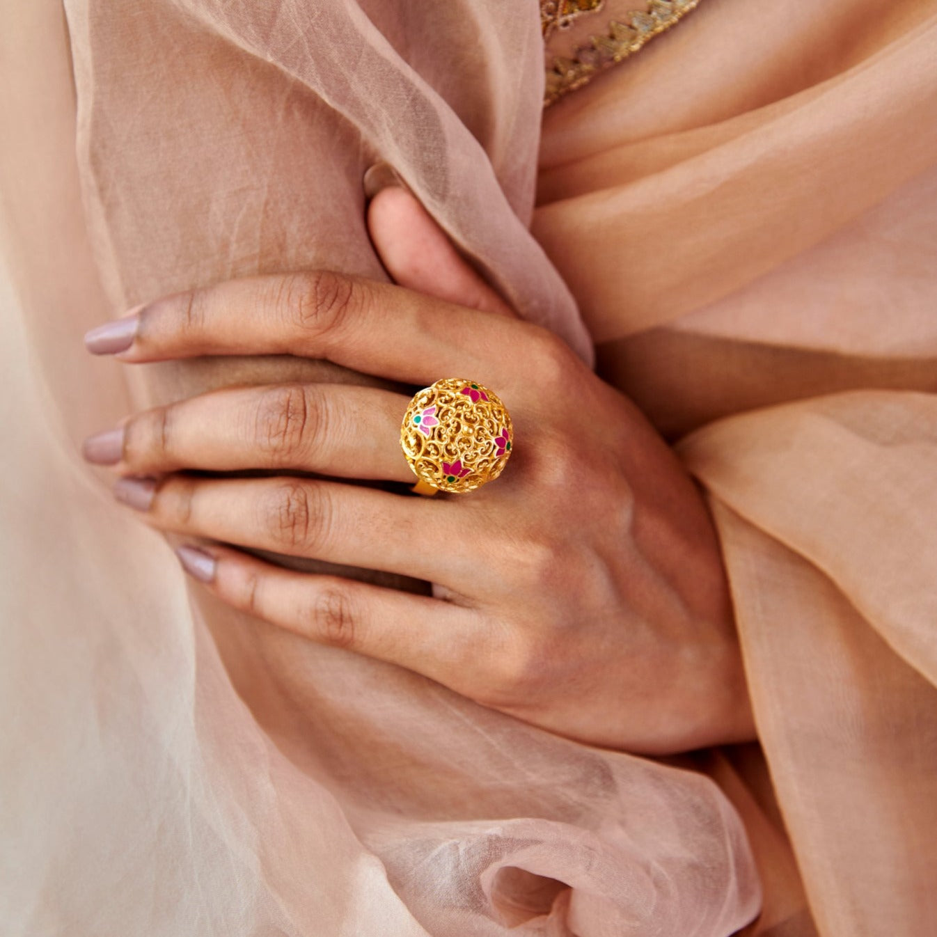 Pink Lotus Globe Statement Ring