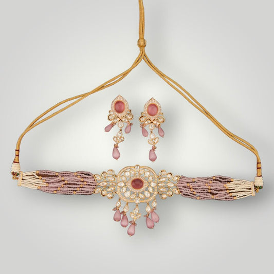350838 - Kundan Rose Gold Plated Mala Style Necklace Set