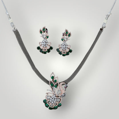 419137 - AD Black Rose Plated Peacock Style Pendant Set